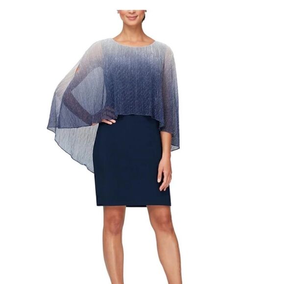NWT SLNY WOMENS METALLIC CAPE MINI TWO PIECE DRESS navy silver size 18 N… - Picture 2 of 14